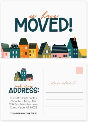 Personalized Colorful Neighborhood We've Moved Postcards / 50 Custom New Home Mailing Postcards / 4" x 6" Vibrant City Fill In Flat Postcard / We Said Yes To The Address New House Notification Cards